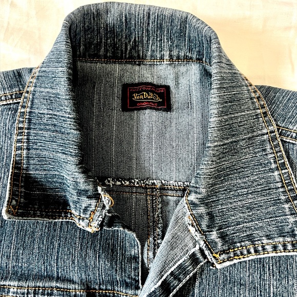 VTG Von Dutch Cropped Denim Vest Y2K 2000s Streetwear Logo Back Raw Hem Size M - Picture 3 of 7